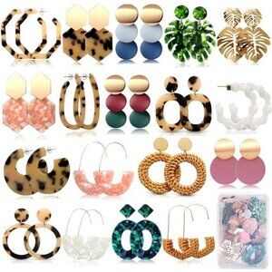 Earrings set 18 pairs boho rattan resin hoop dangle studs for women gift box